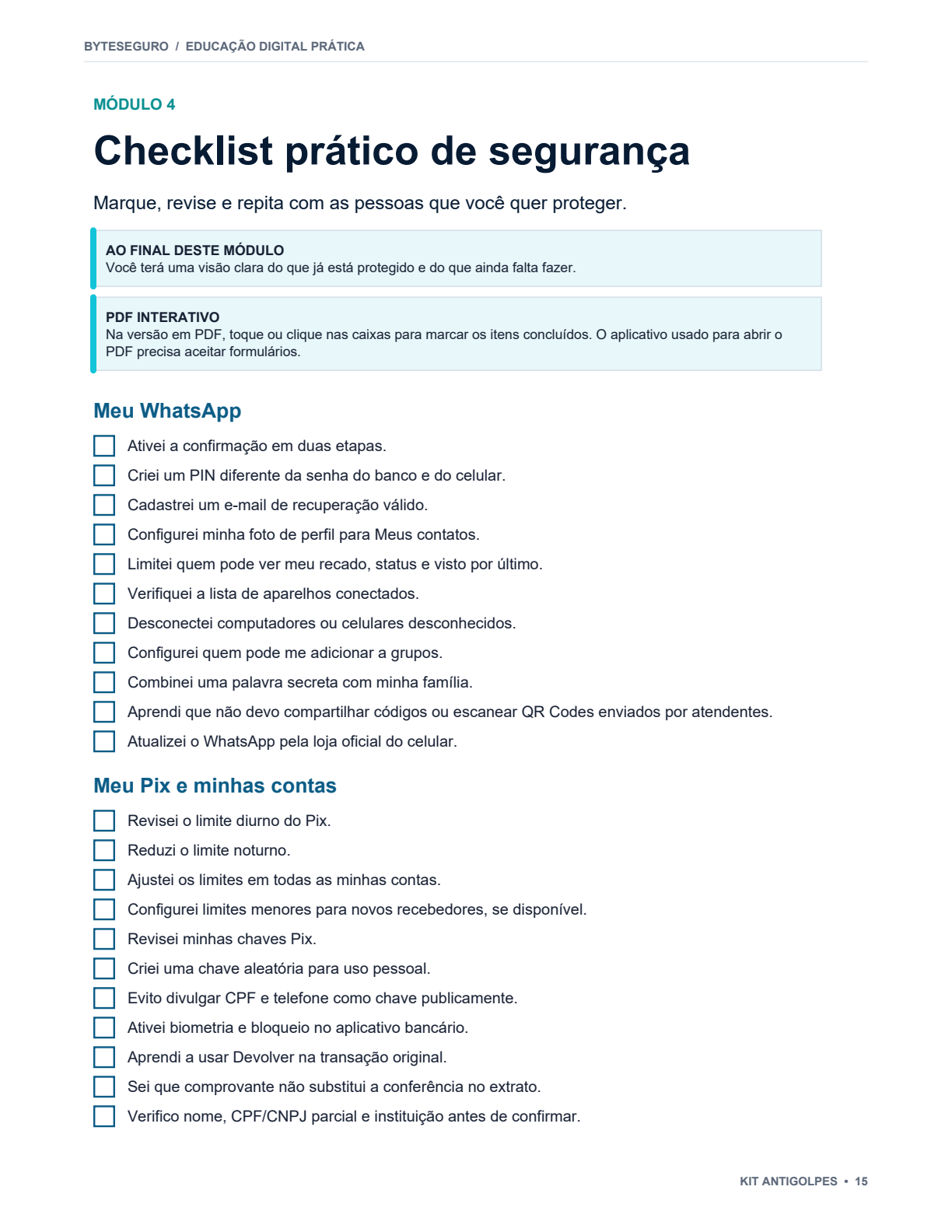 Página do checklist interativo do Kit Antigolpes